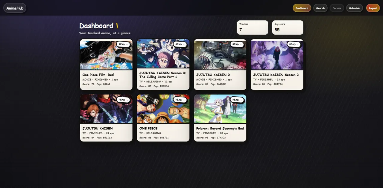 AnimeHub dashboard showing anime discovery and tracking