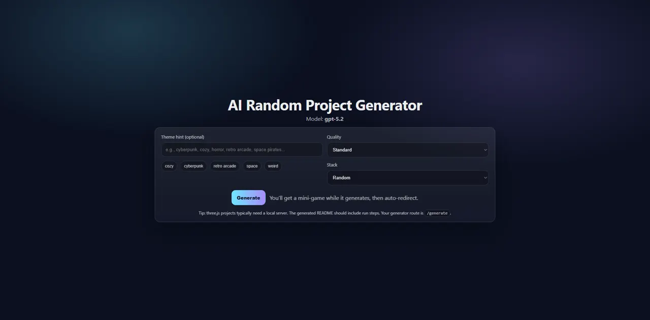 Random Project Generator interface