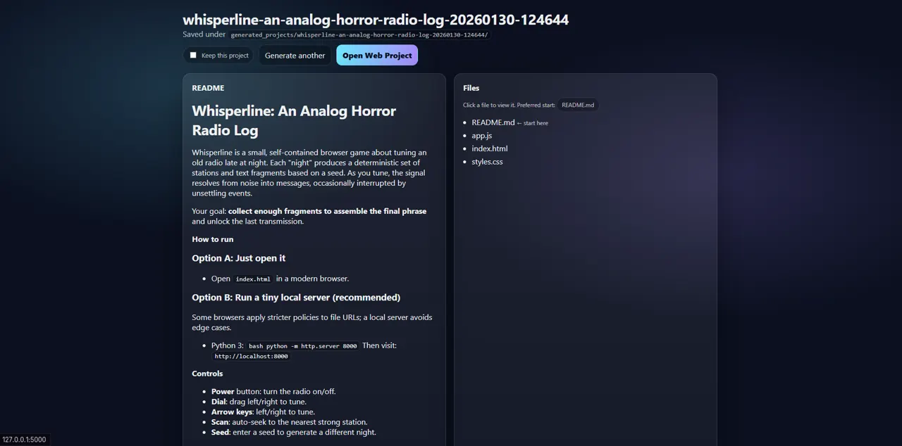 Random Project Generator stack selection screen